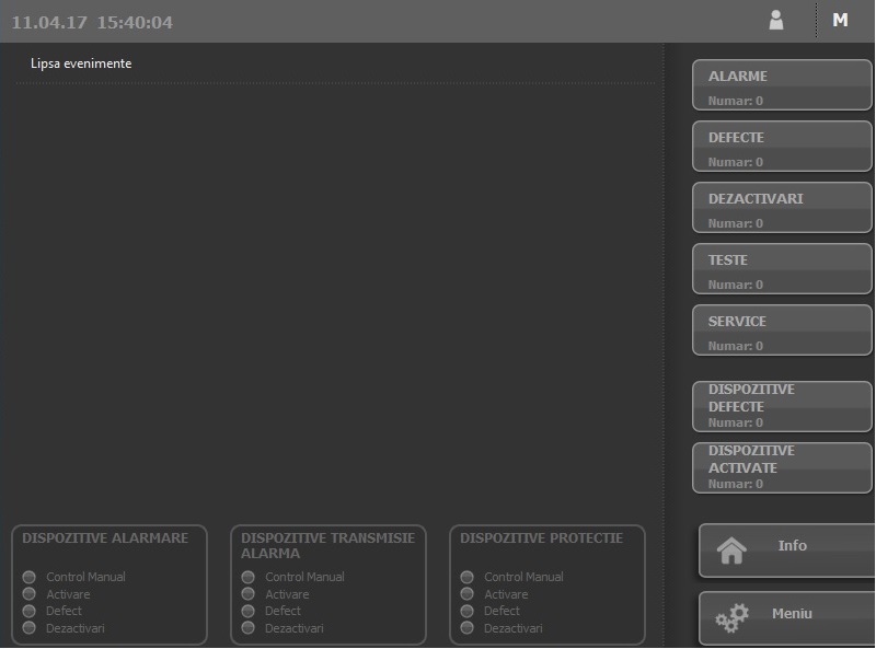 Ecranul principal al centralei Polon 6000 — stare normală, fără alarme, fără defecte